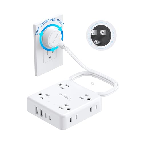 Image of TROND Power Strip, 360 Rotating Flat Plug, 8 Widely Spaced Outlets, 2U2C Ports, Flat Plug Extension Cord 3ft, 1440J Surge Protector, 1625W, White