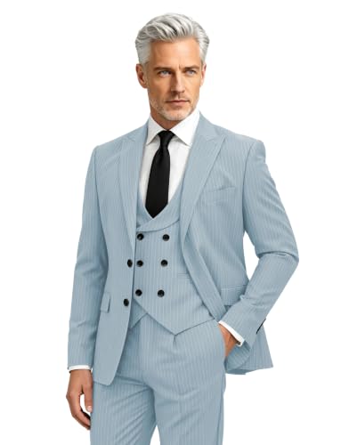 Dusty Blue Men's Suit Slim Fit 3 Piece Pinstripe Suits for Men Prom,XS