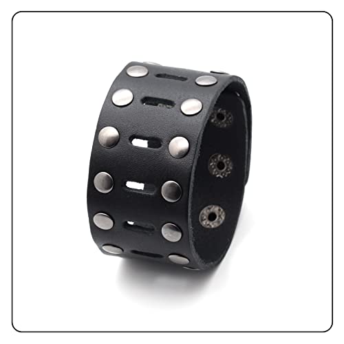 Punk Rock Double Row Rivets Wristband Hollow Wide Leather Cuff Bracelet4
