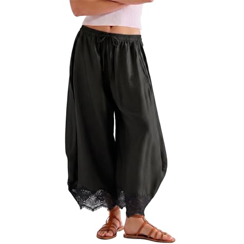 SeeLuNa Comfy Women's Pants Cropped Lace Hem Pants Summer Boho Drawstring High Rise Wide Leg Lounge Trousers with Pockets(Black,M)