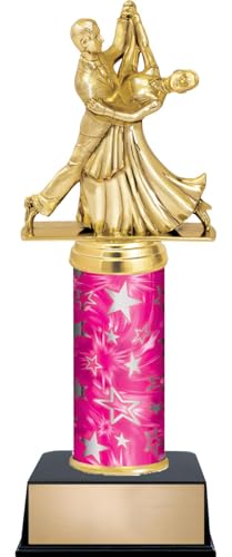 11" Dance Ballroom Couple Trophies - Custom Engraved Dance Pink and Silver Star Column Trophy Awards