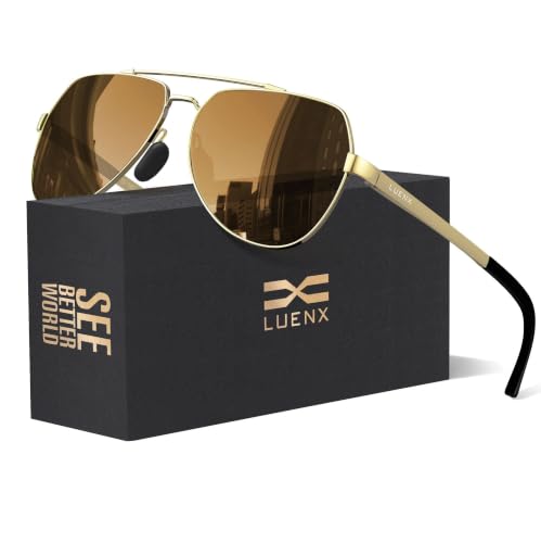 LUENX Aviator Sunglasses for Men Women Polarized New Shades Flexible Spring Hinge - UV 400 Protection,Brown Lens Gold Metal Frame 59mm LUENX Aviator Sunglasses for Men Women Polarized New Shades Flexible Spring Hinge - UV 400 Protection,Brown Lens Gold Metal Frame 59mm