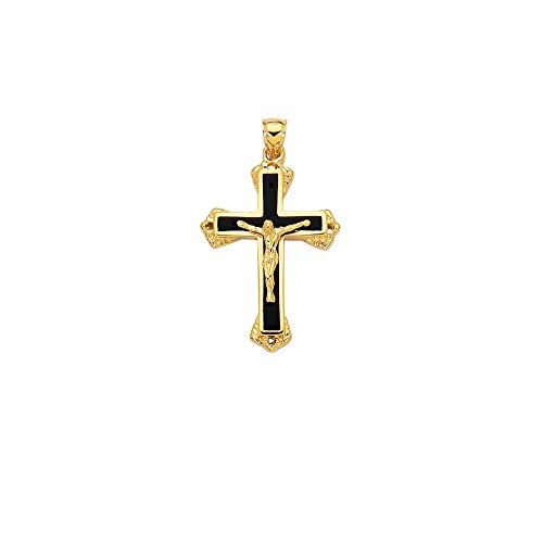 14K Yellow Gold Shiny Textured Fancy Black Cross with Figurine