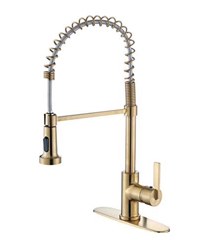 One-Day Sale: Up to 40% Off Derengge KF-5025-CS Single Handle Spring High Arc Kitchen Faucet with Deck Plate, 1 Hole or 3 Hole Installation,Meets cUPC NSF61-9 and AB1953,Brushed Gold Finished