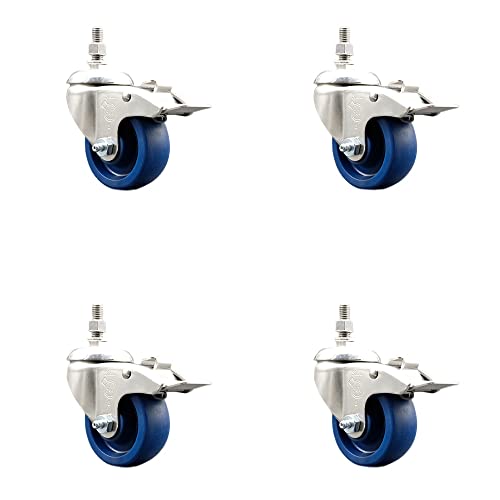 Solid Polyurethane Swivel Stem Caster Set of 4 with 3 Inch Caster Wheels - 10mm Metric Threaded Stems -316 Stainless Steel Casters-Includes 4 Swivel Casters with Total Lock Brakes-Service Caster Brand