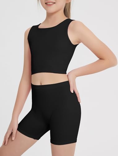 Image of EXARUS Girls 2 Piece Outfits Seamless Ribbed Cropped Tank Top Shorts Set | Teen Two Piece Outfit Tween Summer Dance Vacation Yoga Crew Neck Youth Athletic Workout Set Kids High Waist Elasticity 6-14Y