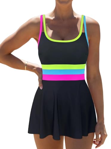 popvil Women One Piece Swimsuit 2026 Tummy Control Bathing Suit Neon Modest Swim Dress with Skirt Full Coverage Black Large