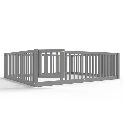 Image of Bellemave Queen Size Kids Montessori Floor Bed with Door,Solid Wood Floor Bed Frame with High Fence for Girls,Boys,Gray