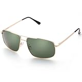 Polarized Sunglasses for Men, Rectangular Gold Metal Frame, Green Lens, UV Protection