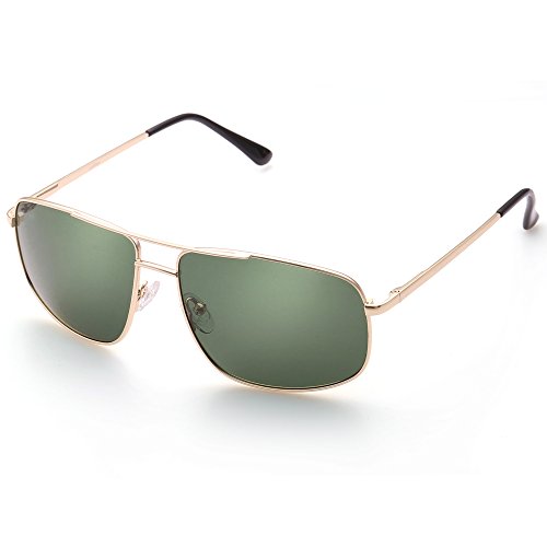 LotFancy Polarized Sunglasses for Men, Rectangular Gold Metal Frame, Green Lens, UV Protection, with Case