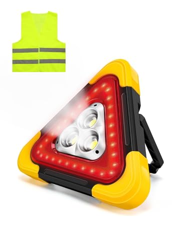 Triángulo Luz de Alerta, Triangulos Coche, Triángulo de Seguridad, Luz de Alerta Multiusos 30W, Luz Emergencia Portátil con Asa, Alta Visibilidad, Impermeable, 3 Modos, Chaleco Reflectante Incluido.