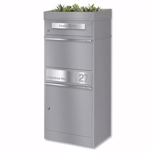 Metzler Briefkasten mit großem Paketfach und Pflanzdach in Graualuminium RAL 9007, rostfrei und wetterfest, abschließbar, freistehend, mit Namensgravur, modernes Design für Außenbereiche