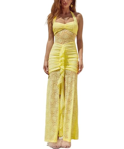 Image of ABINGOO Womens Sexy Halter Backless Maxi Dress Lace Ruched High Slit Summer Dresses Party Cocktail Prom Long Dress