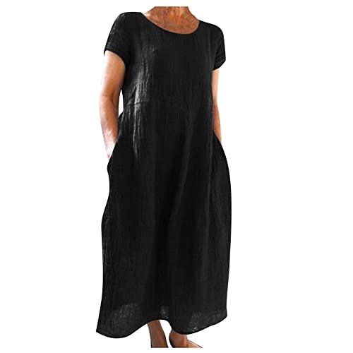 Generisch Sommerkleid Damen Lang Elegant Sommerkleider Luftig Leinenkleid Damen Sommer Midi Kleider mit Taschen Leicht Damenkleider Locker Kurzarm...
