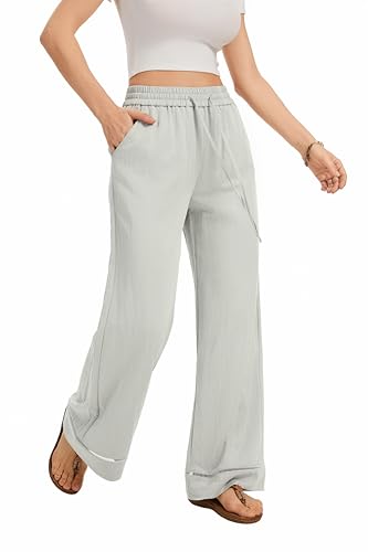 Image of KICZOY Women Flowy Pants Drawstring Waist Wide Leg Palazzo Beach Pants Loose Fit with Pockets