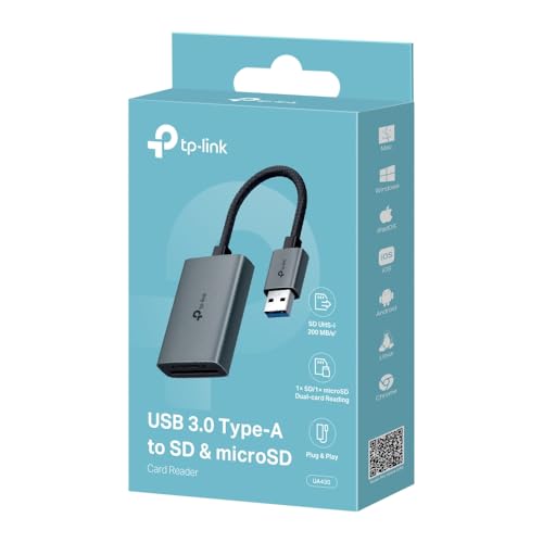 TP-Link Speicherkartenleser SD Kartenleser, USB auf SD und microSD bis zu 2 TB, USB 3.0, UHS-I 200 MB/s, Gleichzeitiges Lesen und Schreiben von Zwei Karten, UA430