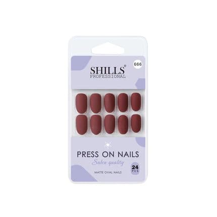 shills professional press on nails oval matte – 24pcs set with nail glue tab packet, 1 nail filer & 1 nail stick – reusable salon quality artificial nails (spn-666 – matte wine burgundy)