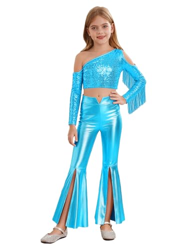 Traje de baile brillante para niñas Manyakai con top de flecos y pantalones campana azul claro