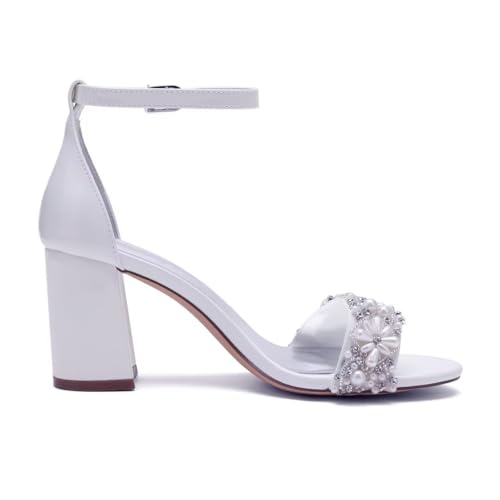 Image of Pearl Wedding Shoes for Bride Block Heel Wedding Sandals Open Toe Bridal Heels