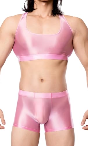 Men's Two Piece Shiny Glossy Clothing Set Sexy Racerback Vest Sport Bra And Low Rise Pouch Boxer Shorts Outfits
