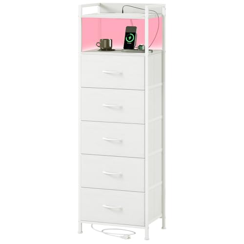 Image of Somdot White Nightstand with Charging Station and LED Light for Bedroom, Tall 5 Drawers Dresser with Fabric Bins for Bedside Kids Dorm Room Closet Laundry Entryway, White Leather