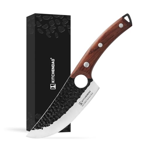 KITCHENDAO Chef Knife 6 Inch Super Sharp Viking Knife with Finger Hole Full Tang Kitchen Knife with Ergonomic Rosewood Handle for Slicing, Deboning and Cutting