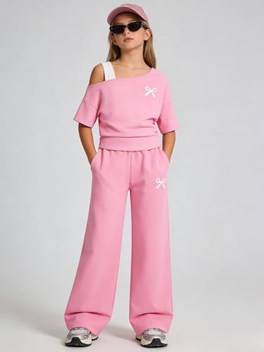 Image of Teen Girls Clothes Off the Shoulder Top and Wide Leg Pants Matching Outfit Set with Pockets Size 7-16