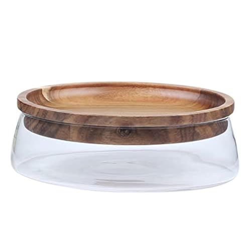 ShawFly Frutero de Vidrio Con Tapa de Bandeja de Madera, Elegante Cesta de Frutas, Doble Bandeja Seca y de Nueces de Melón, Organizador de Caramelos, Centro de Mesa