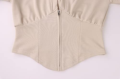 Missactiver Women's Half Zipper Corset Crop Sweatshirt Asymmetrical Hem Solid V-Neck Drop Shoulder Ruched Crop Hoodie Tops Apricot #TOP3
