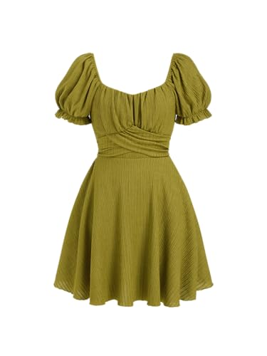 CIDER Mini Dresses for Women Puff Sleeves Square Neck Tie Back Dresses Summer Casual Trendy Outfits Green at Amazon Women's Clothing store