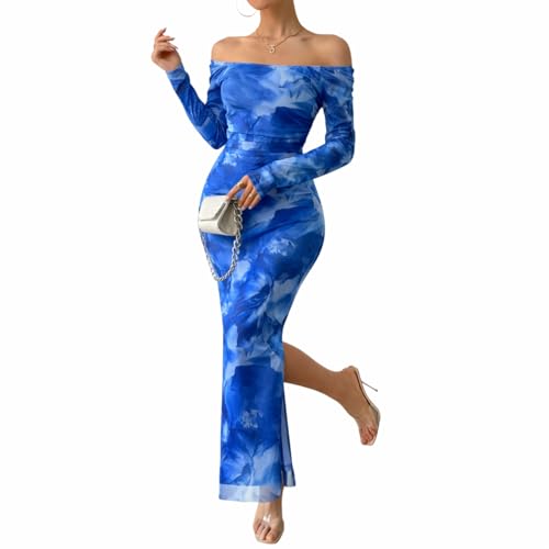 Image of LIGHT DOT Women's Printed Off Shoulder Maxi Dress Long Sleeve Bodycon Ruched Mesh Cocktail Dress