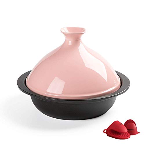 WEIZI Cast Iron Pot with lid 24 cm Medium Cooking tagine tajine Pot with conical lid for Cooking and stew Casserole Slow Cooker - Compatible with All stoves Casserole Dish Color Pink
