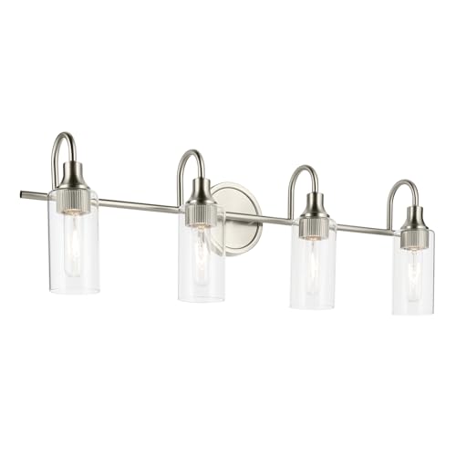 Image of Kichler Kavi 4-Light Bathroom Vanity Light, Brushed Nickel | Damp-rated vanity light with clear glass for bathroom mirrors (31.5 inch x 10 inch), 55212NI