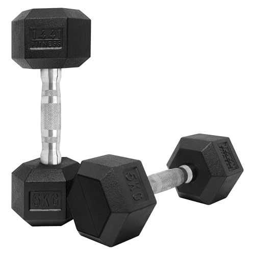 1441 Fitness Hex Dumbbells 5Kg Pairs Set Rubber-Coated Dumbbell with Knurled Chrome Handles Non-Slip Grip Dumbbells for Home Gym, Strength Training & Fitness Workout Equipment, Black
