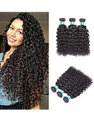 BLY Brazilian Curly Hair Weave Water Wave Virgin Human Hair 3 Bundles Weft Wet and Wavy-8A Unprocessed Natural Black Hair Extensions(14 16 18inches)