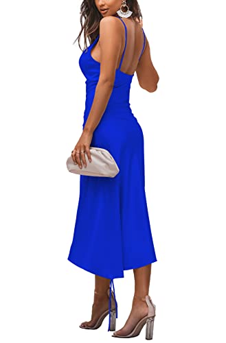 Image of LYANER Women's Satin Spaghetti Straps Cowl Neck Sexy Ruch Cocktail Midi Dresses