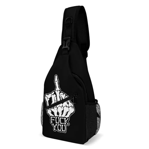 Fuck You Skeleton Middle Finger Crossbody Sling Backpack Multipurpose Chest Bag Casual Shoulder Bag Travel Hiking Daypack, 38x20cm