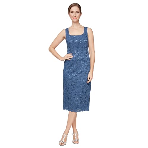 Image of S.L. Fashions Women's Tea Length Sequin Lace Mother of The Bride Dress with Illusion Sleeve Jacket