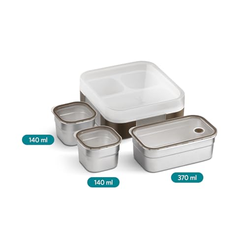 Image of VAYA Tydbyt Stainless Steel Tiffin Box for Men, Kids Girls,1 Large & 2 Small Compartments, Bento Lunch Box, Smart Portions for Balanced Meals, Brown