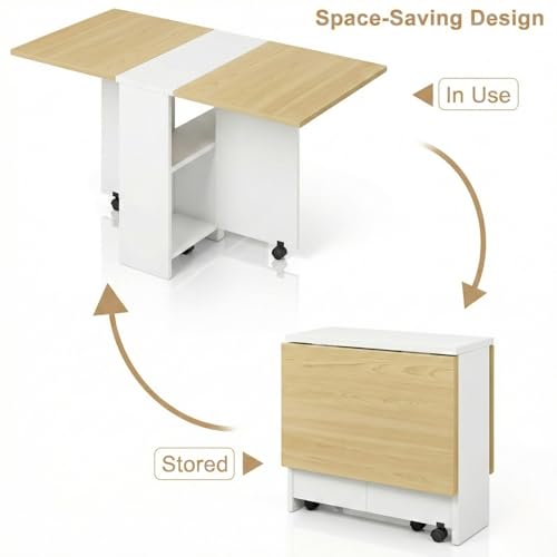 Image of TEKAVO Peyton Foldable Dining Table for Home 4 Seater | Space Saving, Movable with Wheels Folding Dining Table | 130cm x 80cm x 80cm | Mile Oak & White | DIY