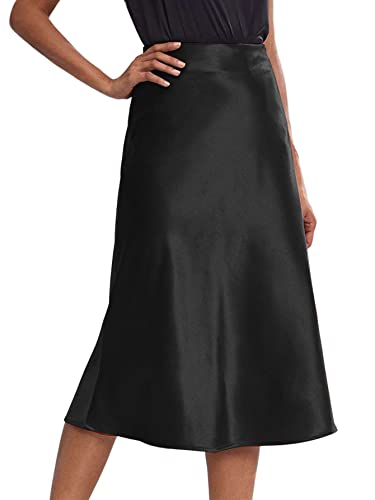 Rooscier Women's Silky Satin High Waist A Line Flared Zipper Elegant Midi Skirt4