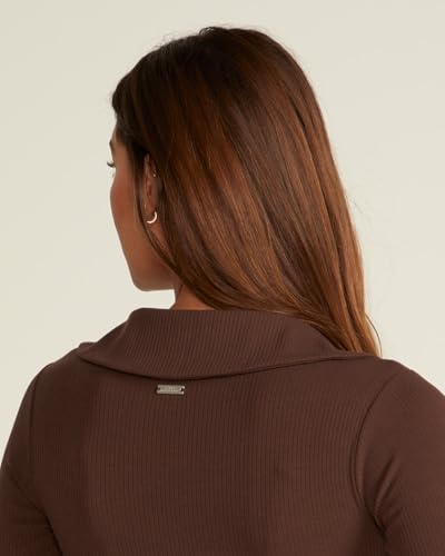 Image of BYLT Ribbed Long Sleeve Bodysuit for Women with Built-In Bra - Collared Moisture Wicking Body Suit - Fitted Thong Bodysuits
