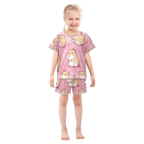 Pajama Sets Short Sleeve Kawaii Capybara Pink Cartoon Soft Cotton Summer Sleepwear 2 Piece PJS Size 5-14T4
