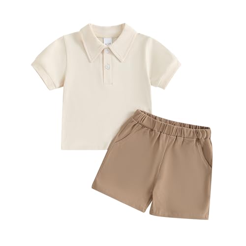Image of Gueuusu Toddler Baby Boys Summer Clothes Short Sleeve Button Polo Shirt Elastic Waist Shorts Set Little Kids Matching Outfit (Khaki, 12-18 Months)