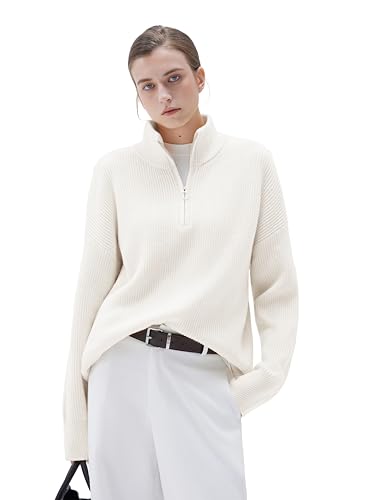 SUUKSESS Women Cashmere Oversized Quarter Zip Pullover Sweater Long Sleeve Collared Ribbed Knit Jumper Tops