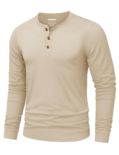 TACVASEN Mens Long Sleeve T Shirt Casual Henley Shirts Grandad Collarless Shirt Cotton Basic Tops for Work Travel Khaki M