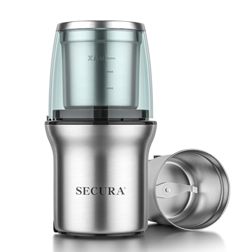 Secura Electric Coffee Grinder and Spice Grinder with 1 Stainless Steel Blades Removable Bowl, Dry Grinding