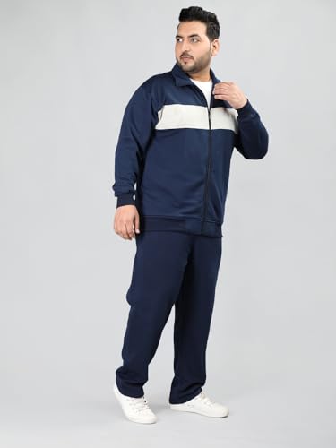 Image of CHKOKKO Mens Plus Size High Neck Winter Tracksuit Full Zip Jacket with Elastic Waist Lower Warm Soft Jogging Suit Activewear Set for Gym Running and Casual Wear NavyEcru L