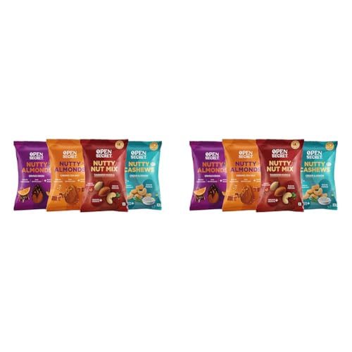 Image of Open Secret Mini Nuts| Pack of 8 (23g each)|Snacks Gift hamper |Caramel Sea Salt & Orange Cocoa Almonds, Cream & Onion Cashew, Tandoori Nuts |Roasted Diet Dry Fruits |Immunity Boosters| Healthy Snacks