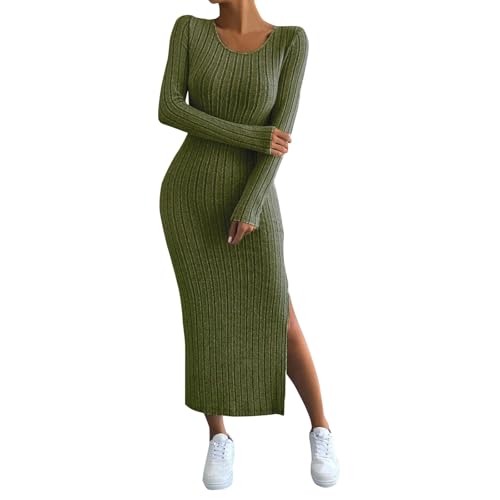 ZRYAZQ Winterkleid Damen Langarm Warm Curvy Strickkleid Damen Winter Lang mit Schlitz Pulloverkleid Damen Elegant Maxi Geripptes Winterkleider...